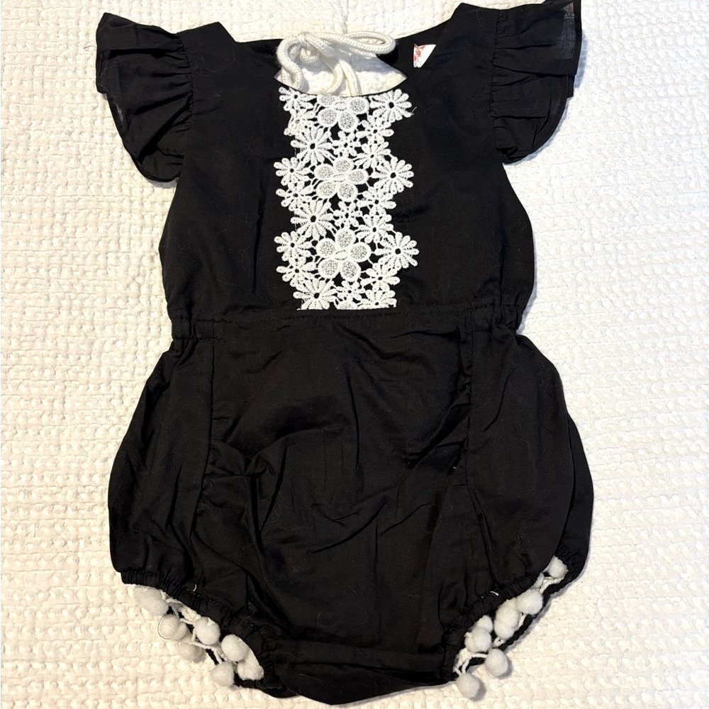 Black Toddler Romper with White Lace Detail